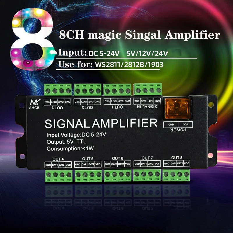 

8 channels magic Singal Amplifier 5V TTL signal Output Support multiple ICs WS2811/2812B/WS2815/WS2813 LED Strip DC 5V-24V