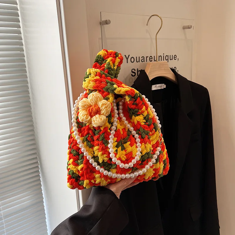 

Женская сумка на запястье с узлом, Сумка с верхней ручкой, вязаная сумка-тоут 2024, Женская вместительная шикарная Сумка-клатч, вязаные крючком сумки