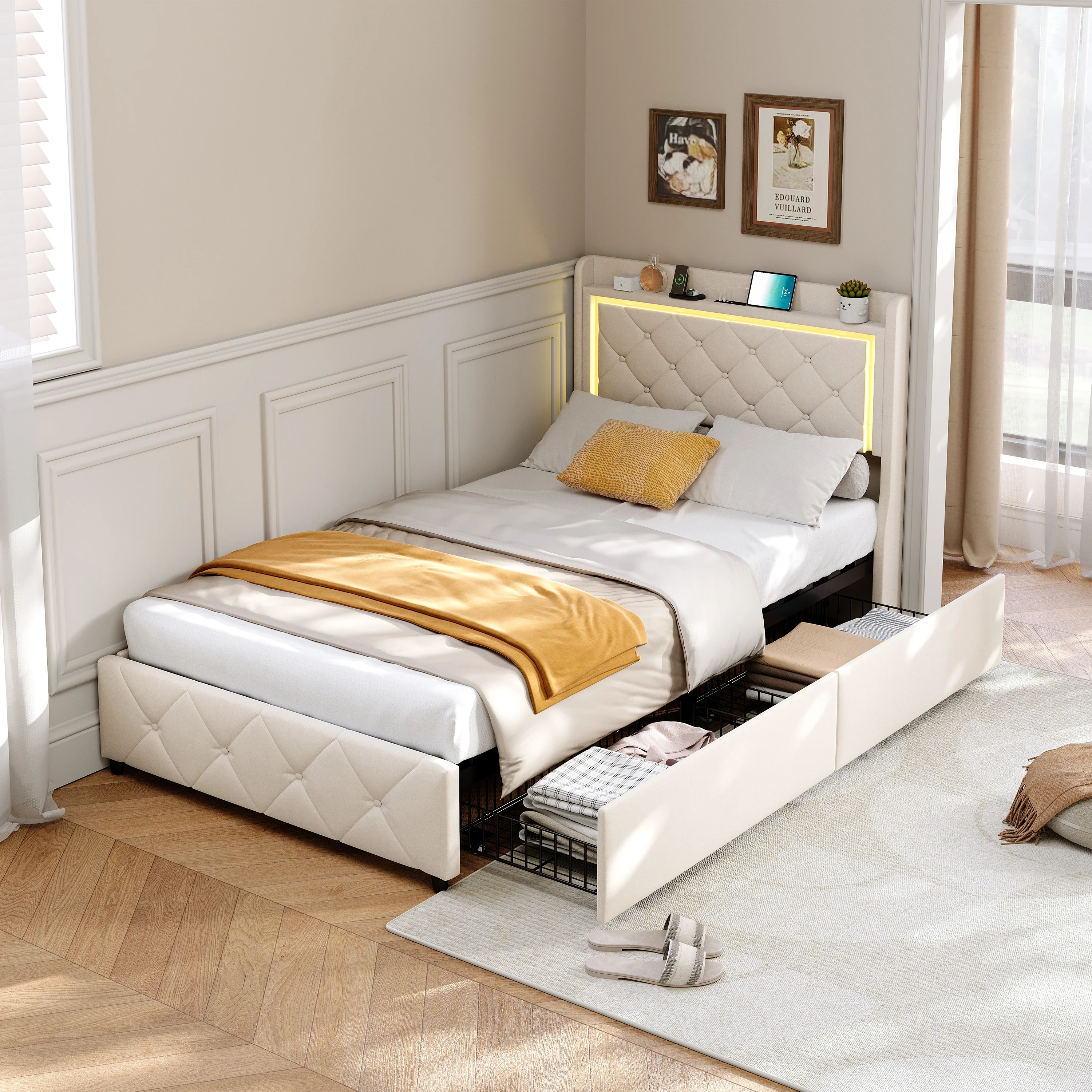 Superaly 90x200cm gepolstertes Einzelbett, Kinderbett, Jugendbett mit USB-Ladefunktion und LED-Beleuchtung, Samtstoff, Beige – Detail 3