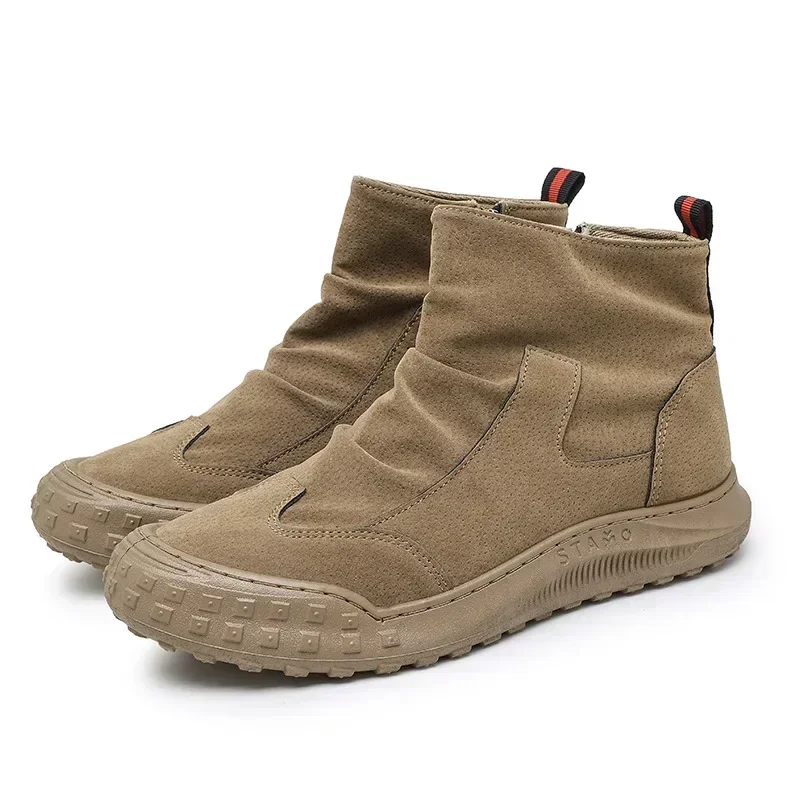 Men's Boots High Cut Workwear Shoes Autumn 2025 Flat Zipper Pleated Non Slip Comfort Thick Soled Wear-resistant Fashion Boots
