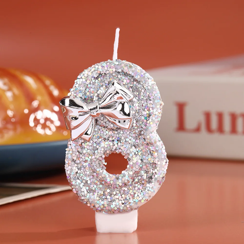 Creative 0-9 Number Candles with Silver Glitter Bow Birthday Cake Topper Decoration for Party Supplies