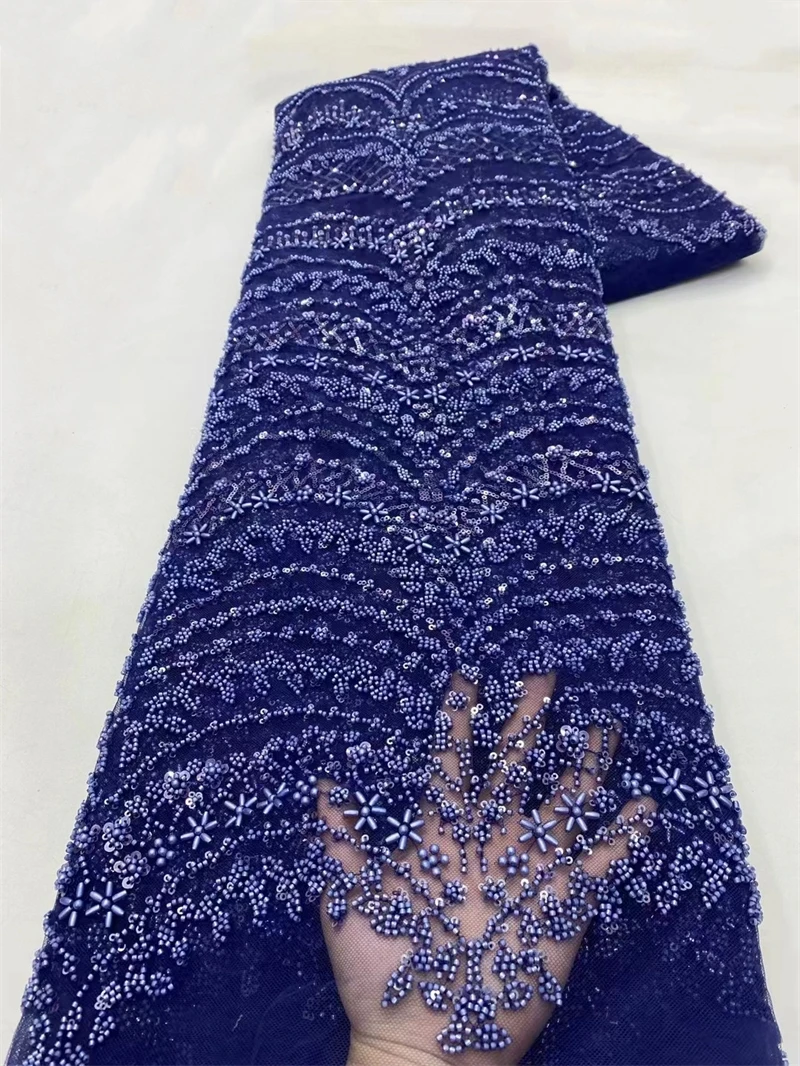 

African Beads Lace Fabric for Wedding Party Dress, Sequins, French and Nigerian Groom, High Quality, 5 Yards, 2024