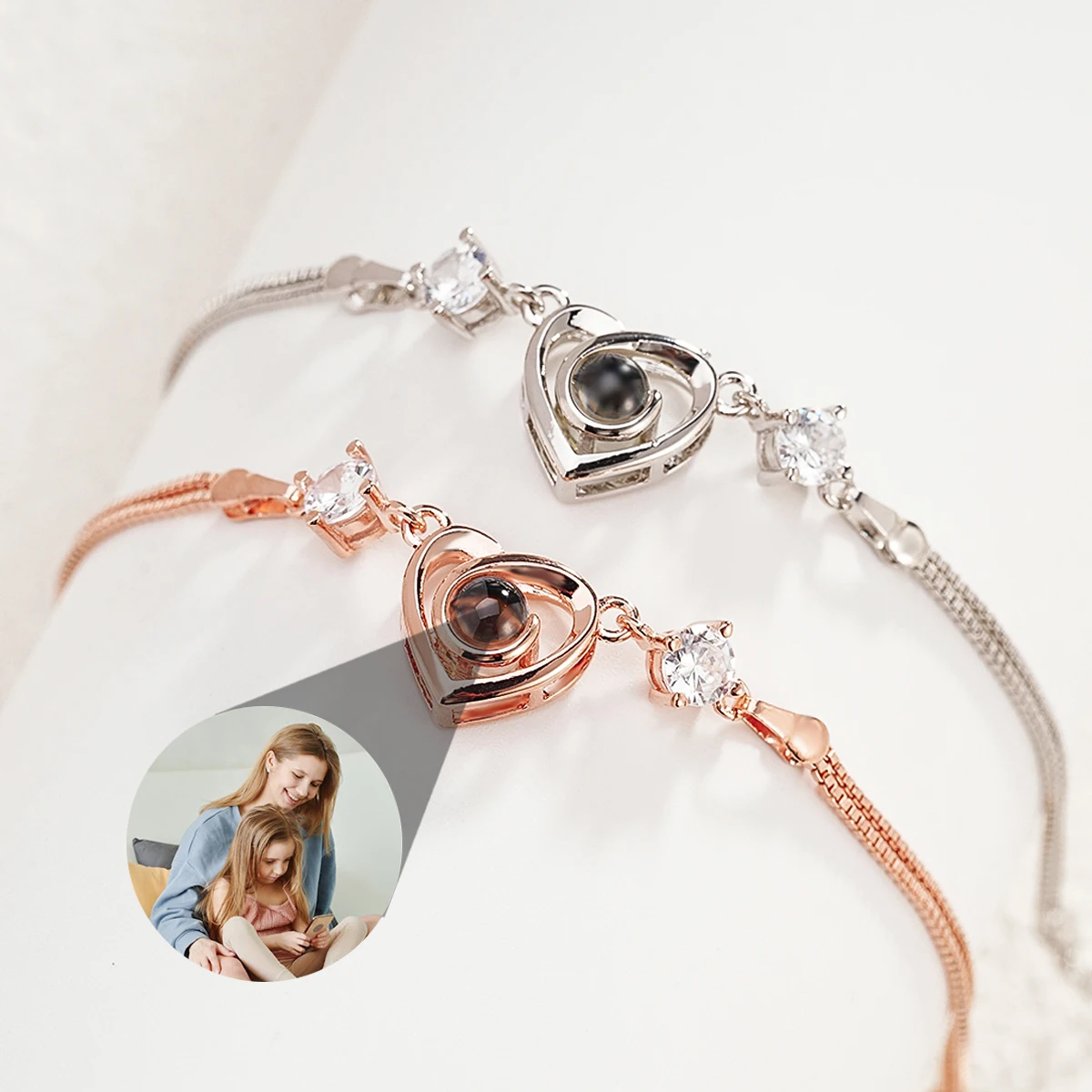 Custom photo Projection Bracelet Jewelry with Silver/Rose Gold Color Heart Shaped Cubic Zirconia Personalized photo Bracelet personalized name bookmark custom heart page corner bookmark leather book mark for readers anniversary gift wedding gift for her