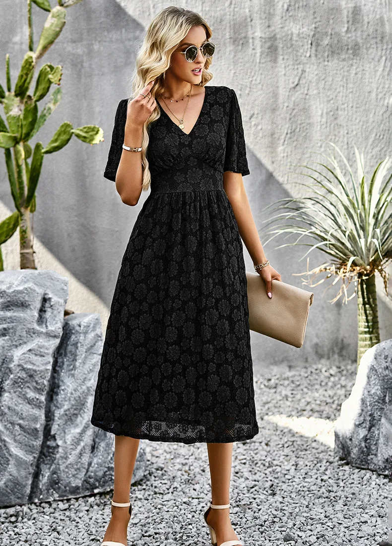 Elegant 1/2 Sleeves V-neck Ruffles Dresses