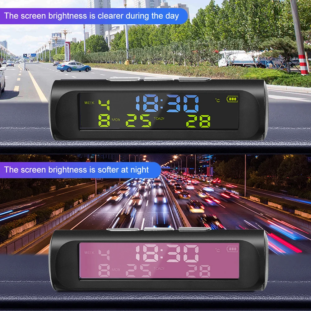 Car Digital Solar Clock Dashboard With LCD Time Date In Car Temperature