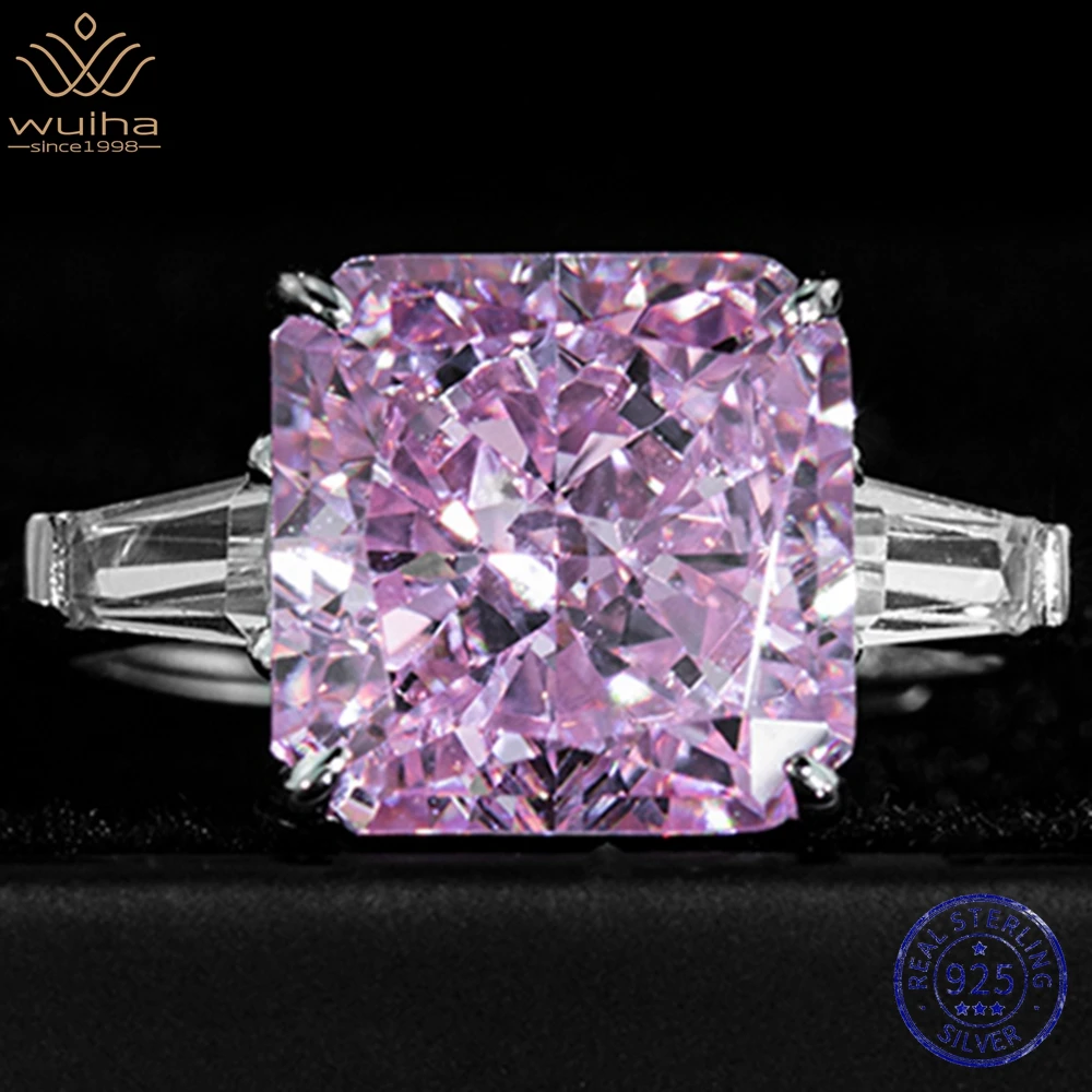 

WUIHA 925 Sterling Silver Crushed Ice Cut 10*10MM Pink Sapphire Created Moissanite Gemstone Wedding Cocktail Ring for Women Gift