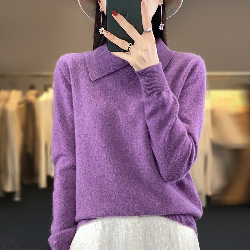 

Women's Loose 100% Pure Wool Polg Collar Pullover Knitted Sweater Autumn Winter New Warm Long Sleeved Solid Color Jumper Top