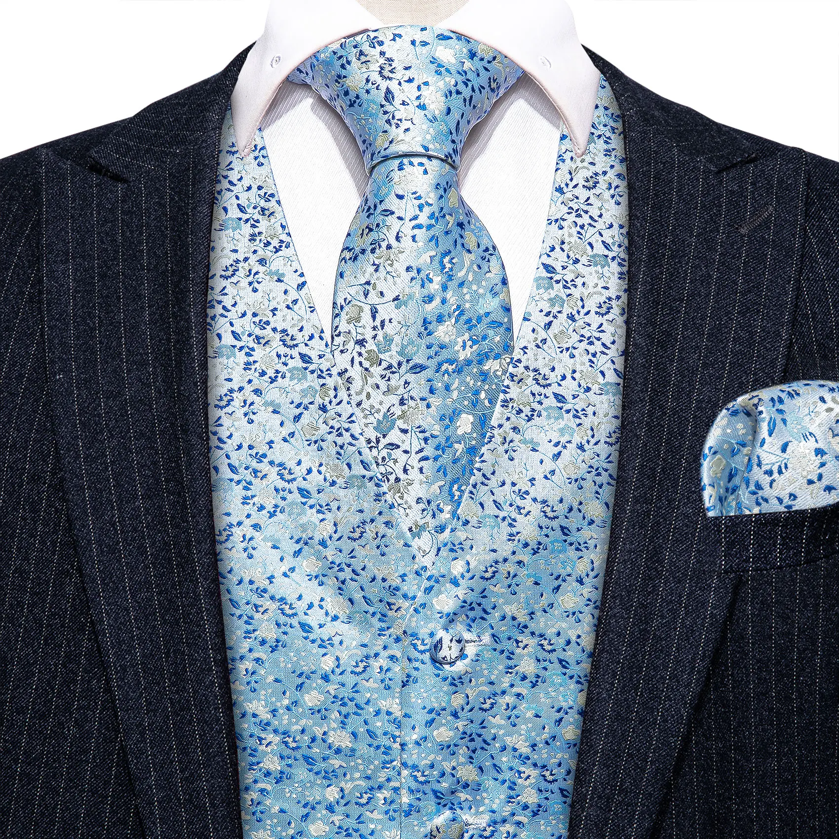 Designer Men's Vest Dress Embroidered Spring Light Sky Blue