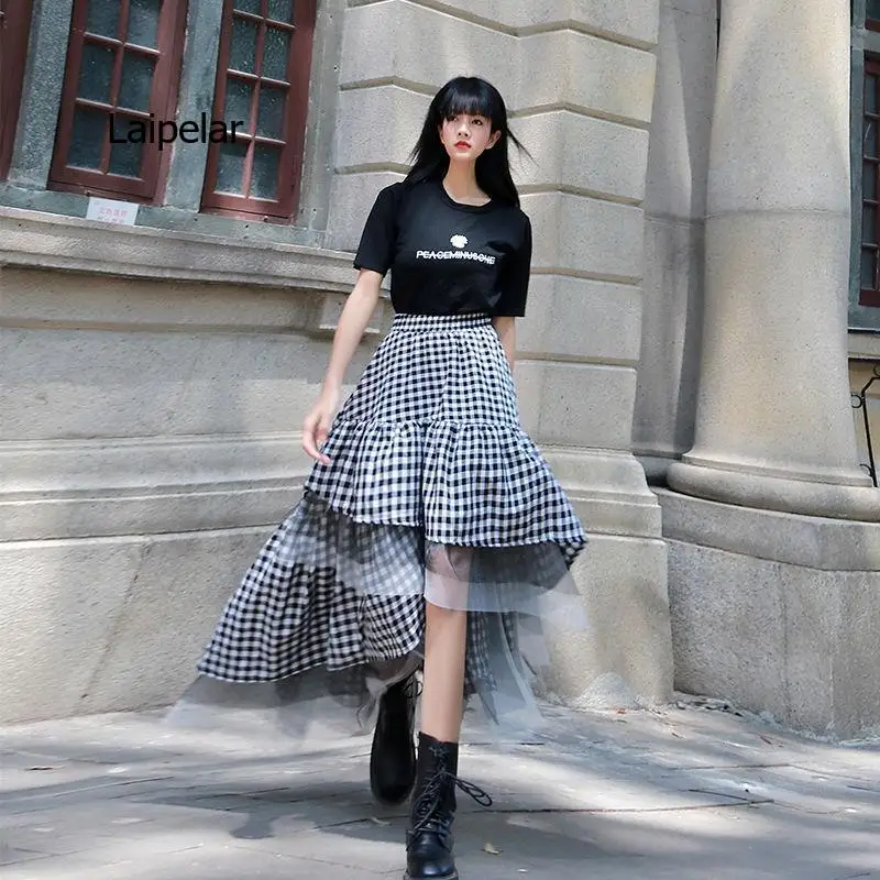 

Black and white plaid tulle skirt women irregular layered skirts 2021 summer fashion Korean women's clothing