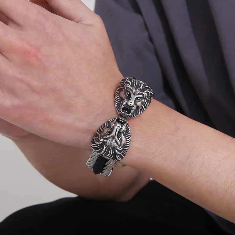 Fongten Punk Cuff Bracelet For Men Double Lion Head Stainless Steel Three Layer Twisted Cable Cool Male Bangles Bracelet Jewelry