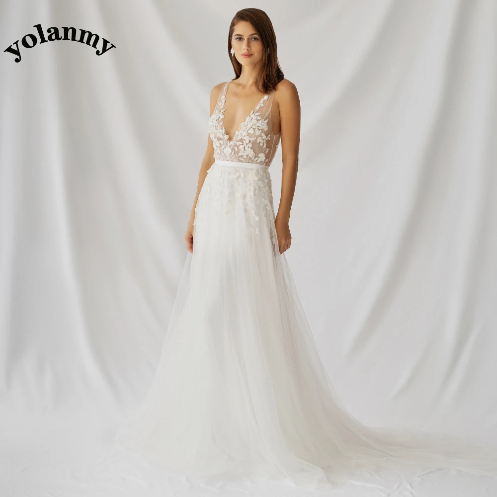 

YOLANMY Charming Wedding Dresses For Brides 2023 V-Neck Appliques A-Line Pleat Vestido De Casamento Customised For Women