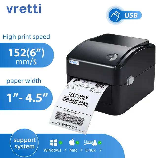 Imprimante D’étiquettes Thermique Vretti DB402 - USB, Vitesse 152mm/s - Compatible Amazon, Shopify, Etc.