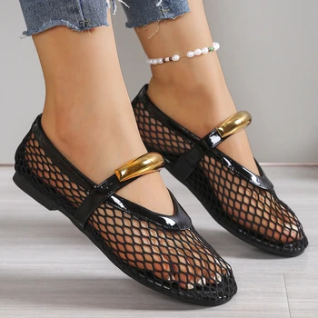 2025 Summer New Women's Fashion Metal Decor Belt Flat Soft Soled Shoes Ladies Mesh Breathable Casual Round Toe Flats Women Shoes 1