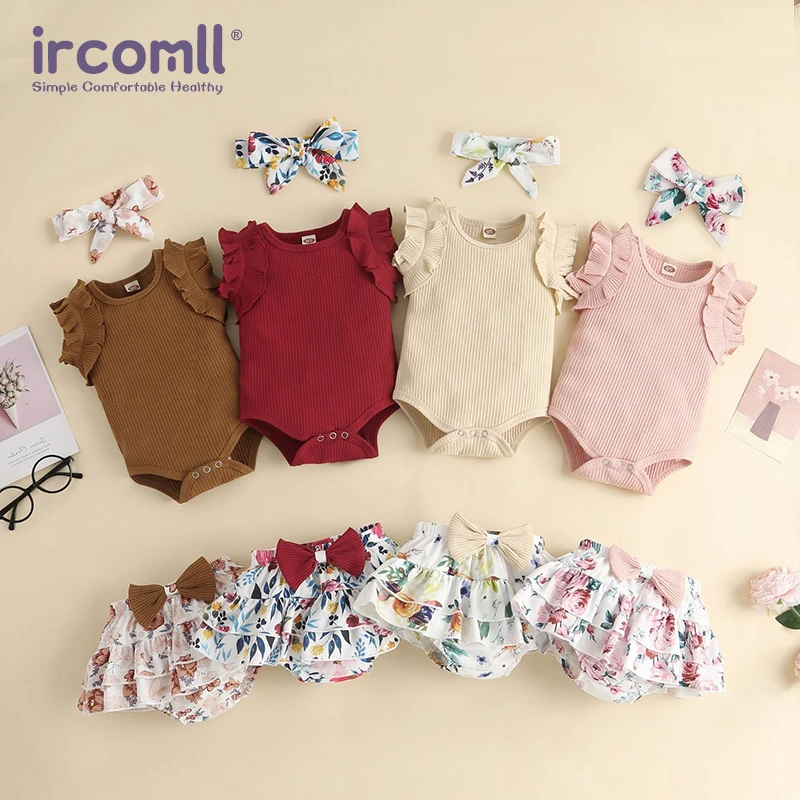 Ircomll 여름  소녀 옷 세트 새로 태어난 바디 슈트 + 짧은 바지  프릴 바디 슈트 탑 짧은 치마 2PCS 의상 세트