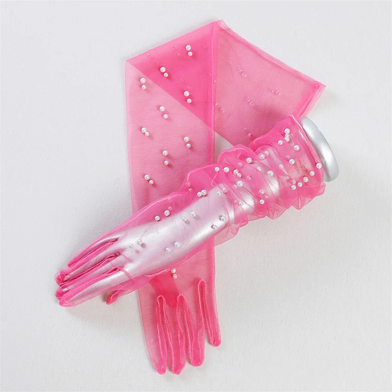 Sheer Tulle Full Finger Wedding Gloves Long Ultra Tulle Pearls Gloves Brides Bridesmaid Sleevelet Women Pageant Prom Handschuh wedding dress gloves