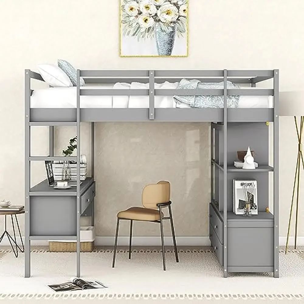 Full Size Loft Bed with Desk Storage Drawers Shelves Multifunctional High Loft Beds Kids Crafted Pine Wood Ladder Classic Design