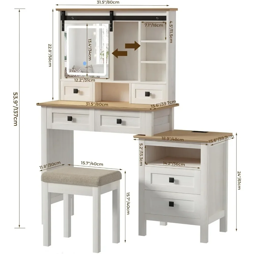 Farmhouse Makeup Vanity Desk with Sliding Mirror and Lights Antique White Makeup Vanity Table Set with Charging Station 6Drawers 2