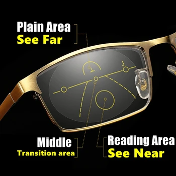 Progressive MultiFocal Reading Glasses Anti-blue Light Men Women Metal Full Frame Square Presbyopia Glasses Gold High Quality