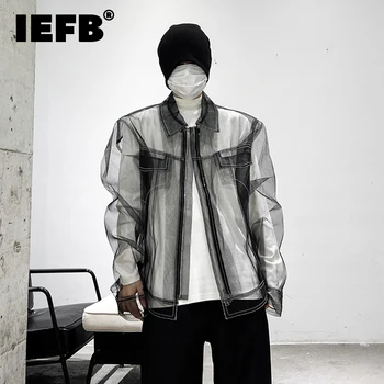 IEFB 남성용 메시 재킷, 하이 스트리트, 단색 라펠 탑, 지퍼 패치워크, 맞춤형 2023, 9A7225, 봄, 신상 패션