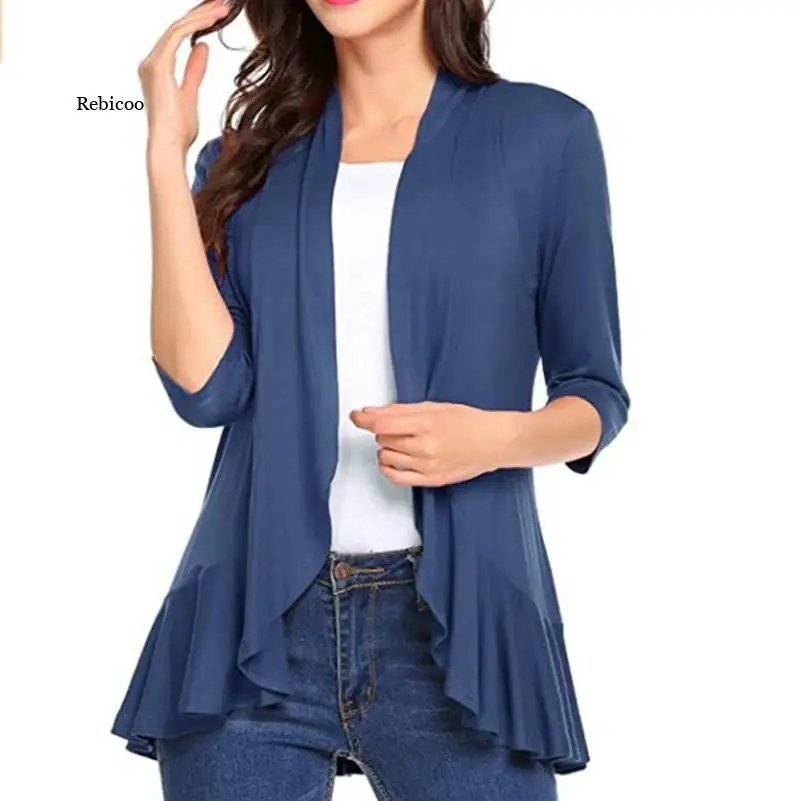 

Fashion Women Solid Colors Draped Ruffled Cardigan Casual Three-Quarter Sleeves Open Stitch Thin Coat Outwear 2022 Spring New
