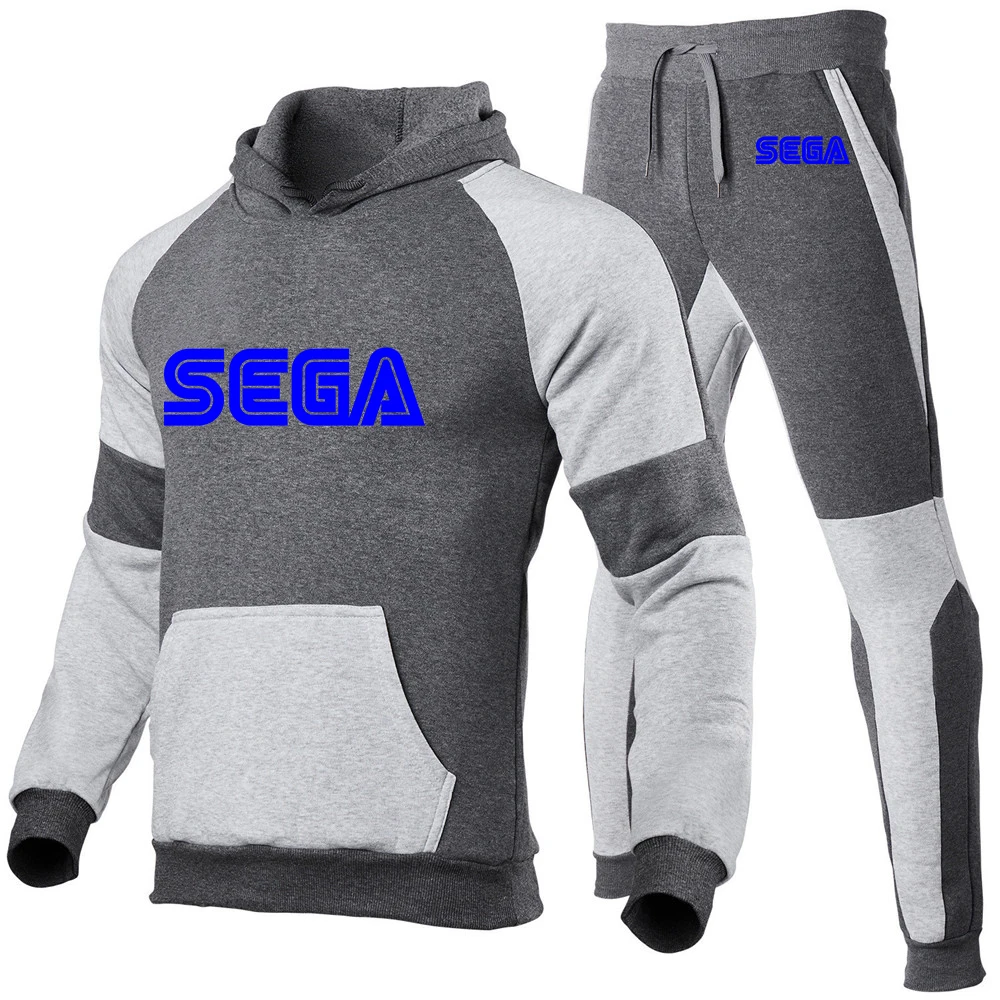 Sega 2023 Men New Spring Autumn Patchwork Hoodies Prints Tracksuit Sportswear Sweatshirt Tops+Sweatpants Casual Two Pieces Suit