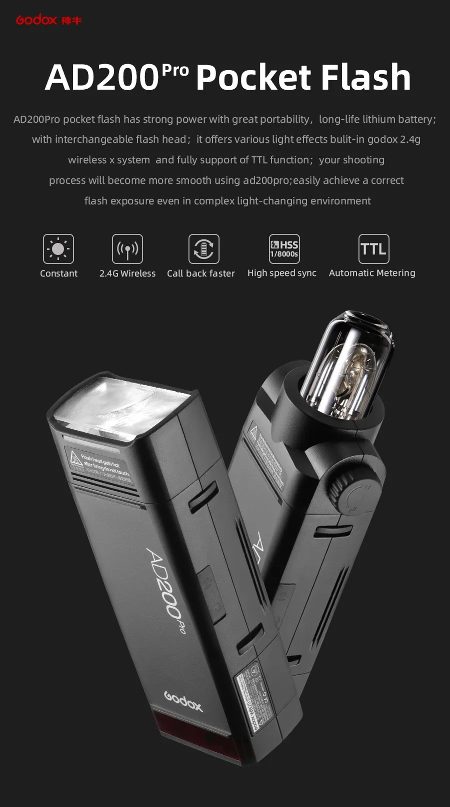 Description Picture 3 of itemGodox AD200Pro Outdoor Flash Light 200Ws TTL 2.4G 1/8000 HSS 0.01-1.8s Recycling with 2900mAh Battery