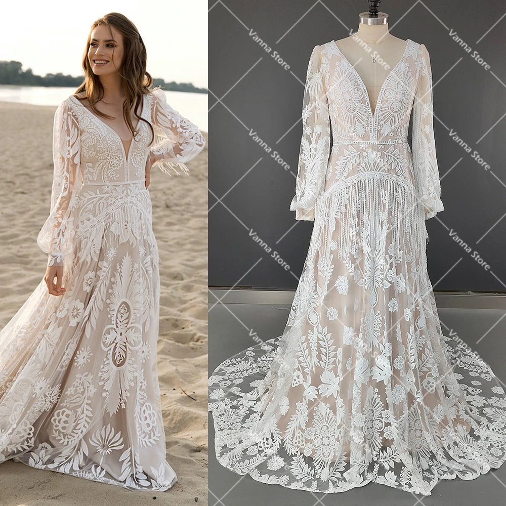 Vestidos de novia boho de encaje y chiffon con mangas largas Como la imagen