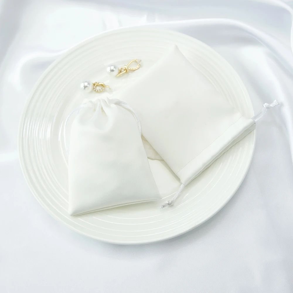 White Silk Jewelry Small Gift Bags 8x10cm 9x12cm 10x15cm Size Satin Drawstring Packaging Pouch Wedding Favor Business Wholesale