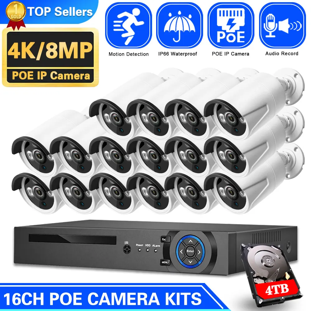 

16CH POE CCTV Security Camera System Kit 4K 8CH NVR Kit Street Waterproof Audio POE IP Bullet Camera Video Surveillance System