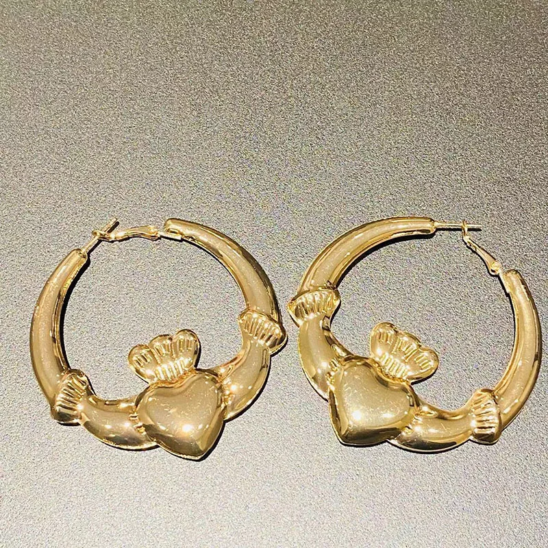 New Big Chunky Claddagh Hoop Earrings for Women Cute Statement Strong Heart Earrings Valentine Day Jewelry Gift 5