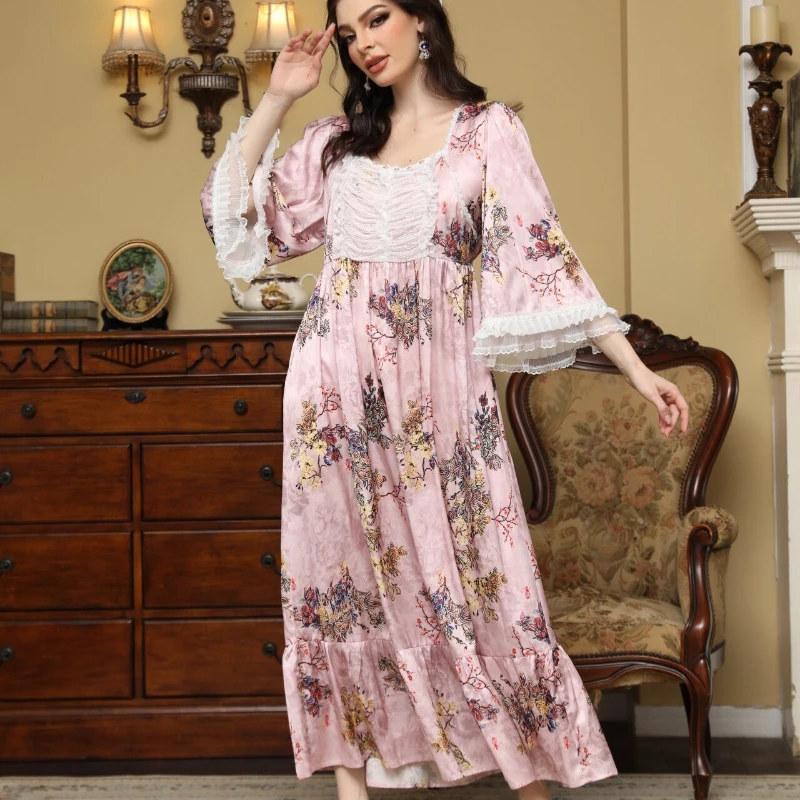 

Ночная сорочка Женская атласная, милая пикантная длинная кружевная ночная рубашка из вискозы, розовая фиолетовая с цветочным принтом, одежда для сна принцессы, на весну