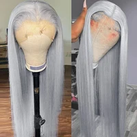 Perruque Lace Front Wig brésilienne naturelle, cheveux lisses, gris argenté, 13x4, couleur transparente 2