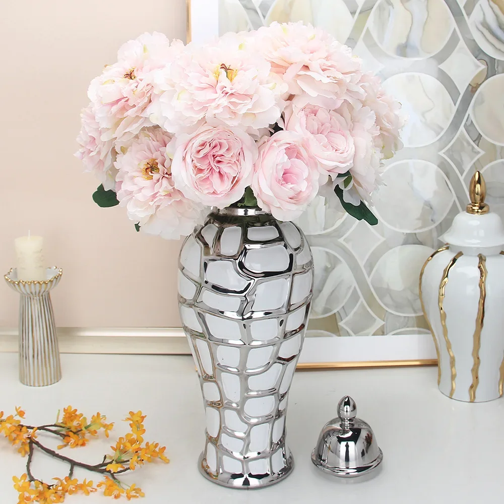 Ceramic General Pot Silver Grid  Porcelain Ginger Jar Storage Tank with Cover Flower Vase Home Furnishing Decoration Vases Pots 3
