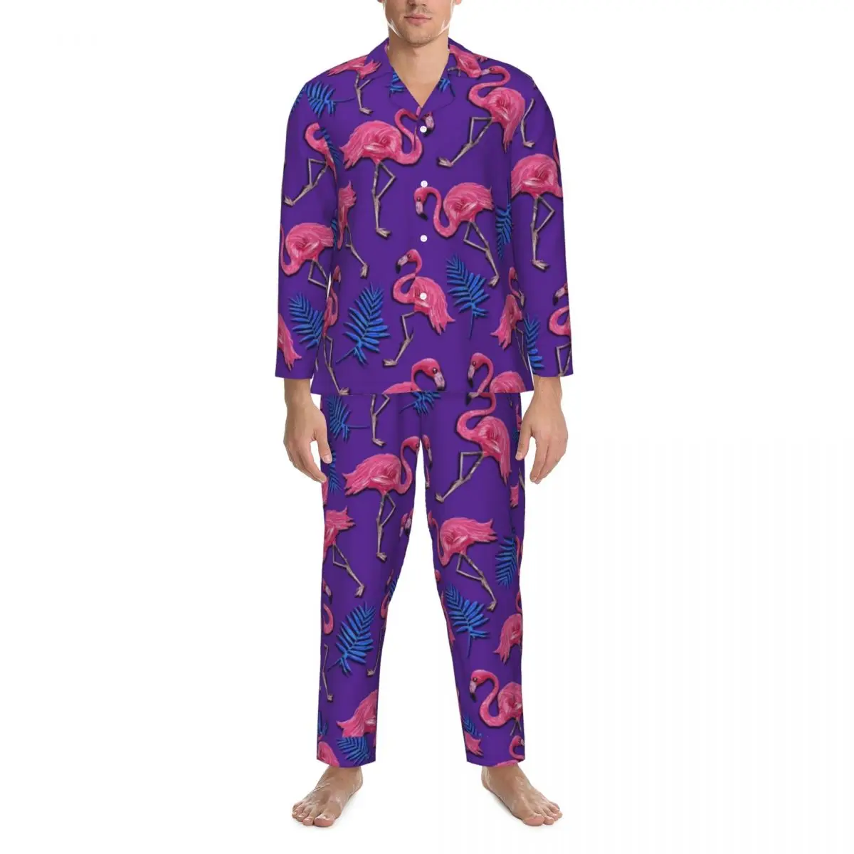 

Пижамный комплект с розовым фламинго, симпатичная Пижама с тропическим принтом птиц, Мужская винтажная комнатная одежда для сна с длинным рукавом, 2 предмета, большие размеры 2XL