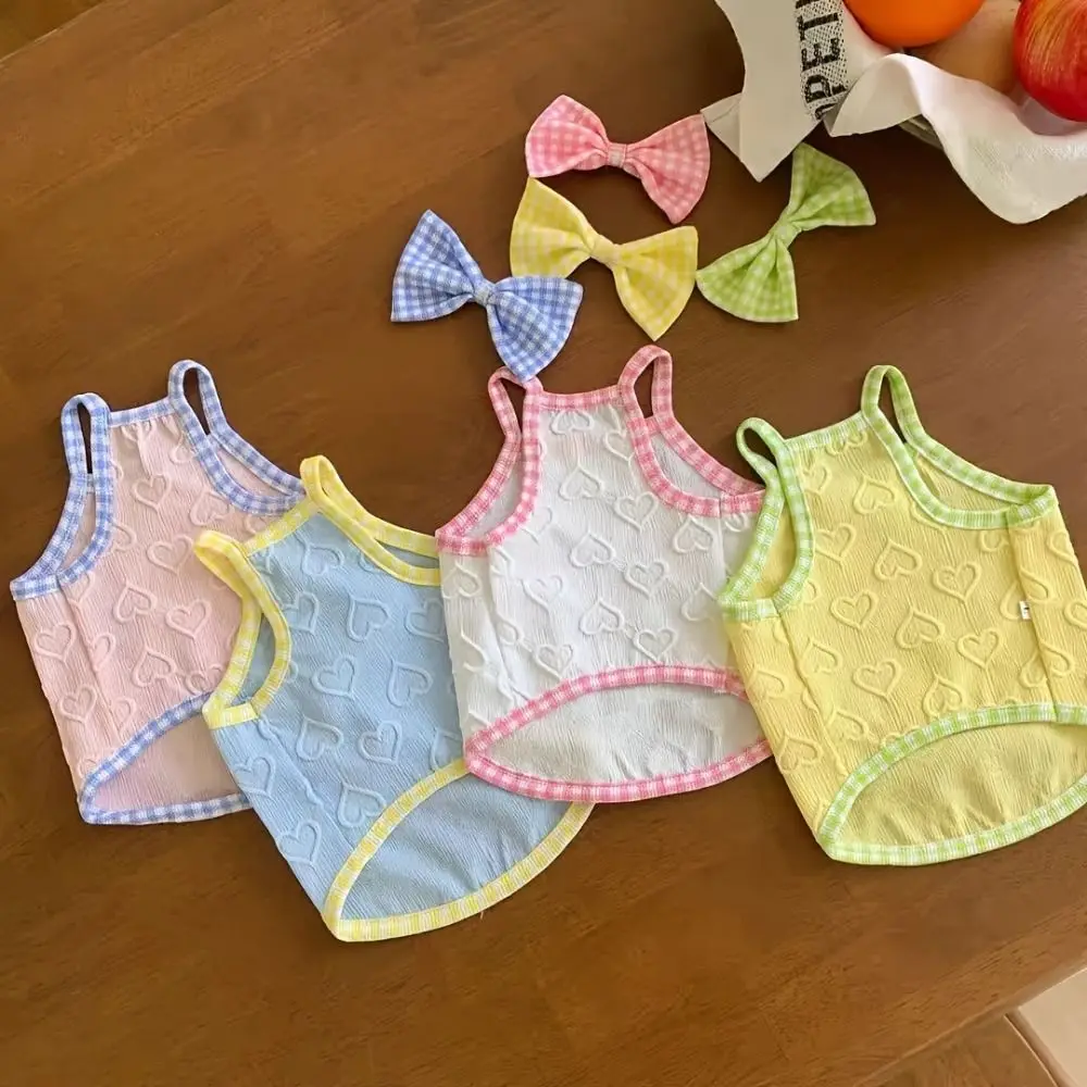 달콤한 하트 모양 프린트 귀여운 강아지 조끼 리본 클립 통기성 여름 강아지 옷 민소매 쿨링 애완동물 의상 치와와 품종