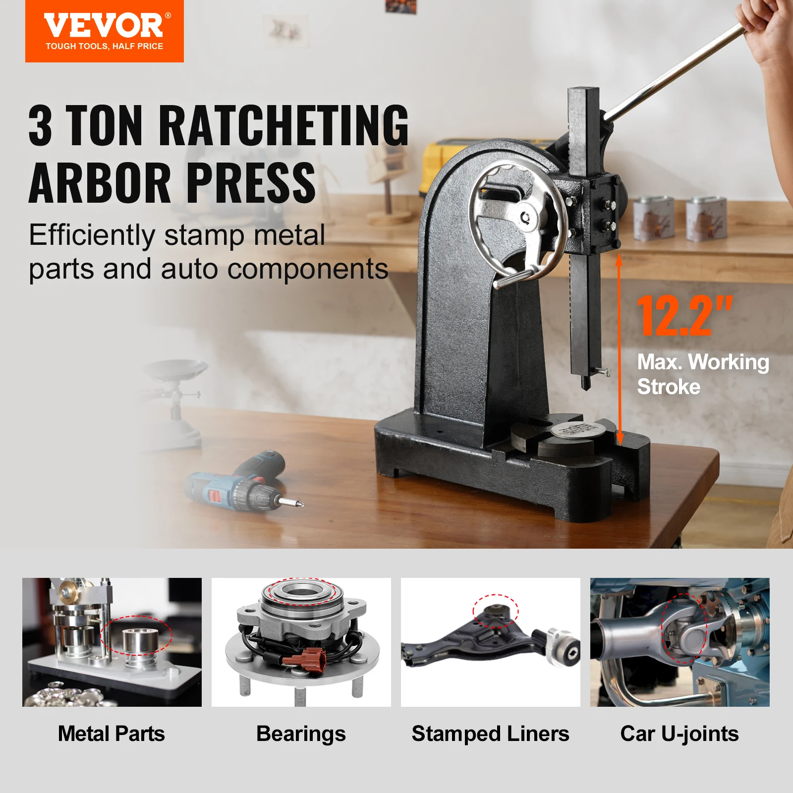 SucceBuy Arbor Press 3T Ratchet Type Arbor Press Leverage with Handwheel Cast Iron Manual Desktop Punch
