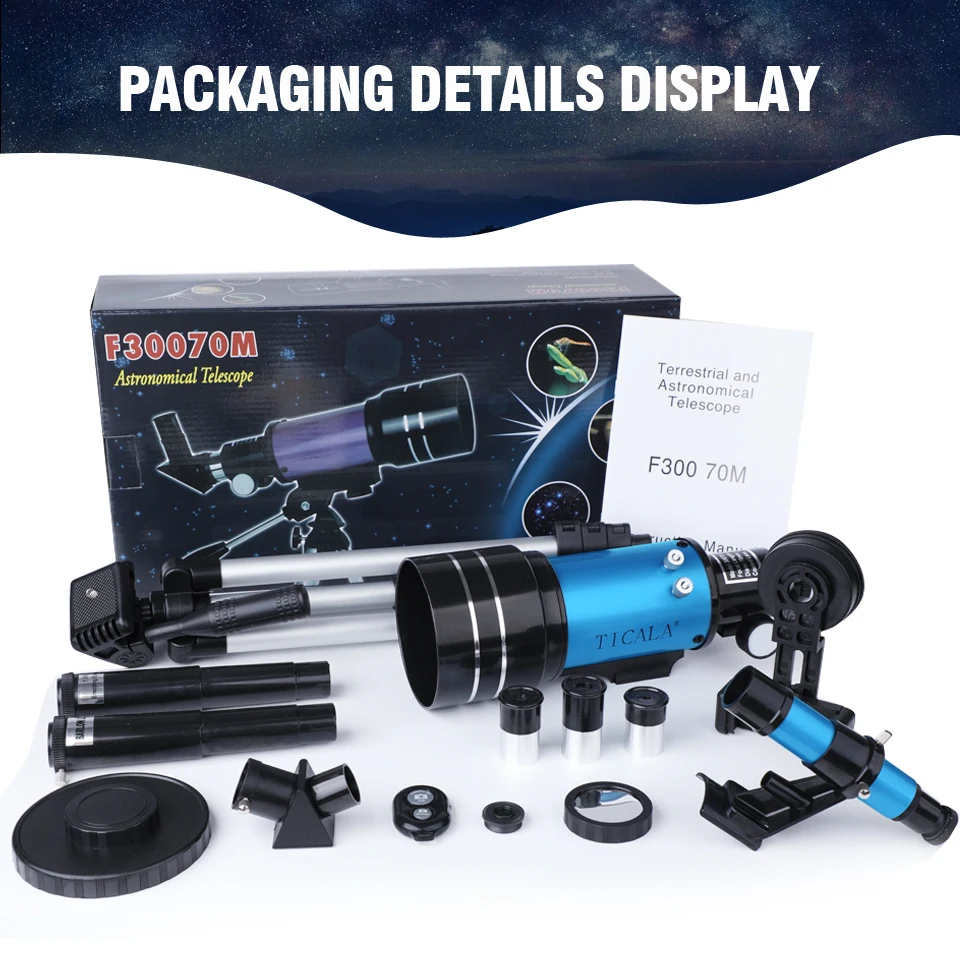 S1a9eb053d3fd4ff6a3cc27ae6dde3a44E TICALA 150X teleskop astronomiczny dla dzieci 70mm refraktor teleskopy dla początkujących astronomii z kamera Bluetooth uchwytem na telefon