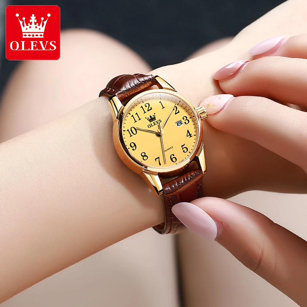 OLEVS 5566 Fashion Business Golden Watch for Women Luxury Brand Leather Strap Waterproof Ladies Quartz Wristwatch Woman Clock