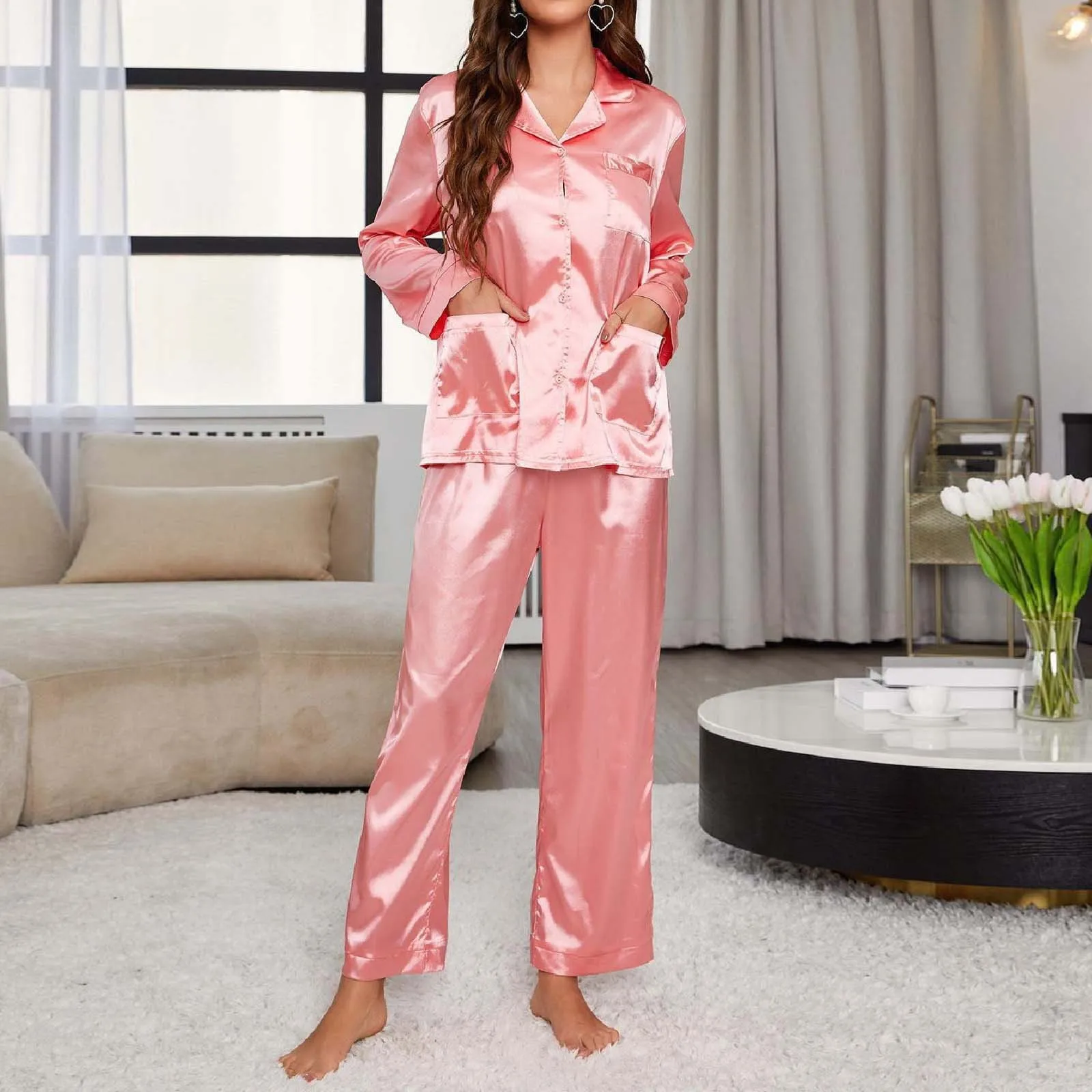 Womens Long Sleeved Pajamas Soft Button Loungewear Pajamas And Casual Suits Teen Pajamas