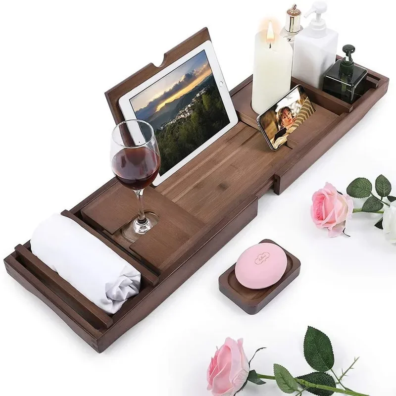 

Wood Shelves Bathtub Tray Storage Bathroom Bridge Extendable Mobile Bamboo Tray Floating Rack Design Bandejas Home Garden XY50BT