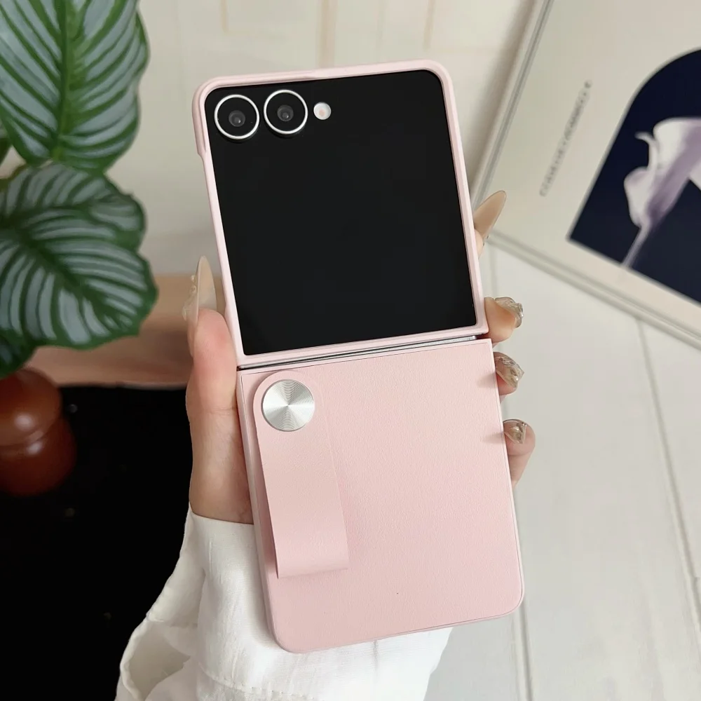HandStrap Faux Leather Flip Phone Case with Skin-Friendly Lens Protection and Folding Hard Back Cover