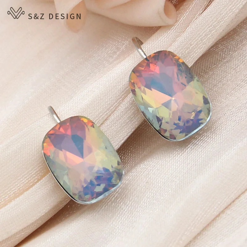 S&Z DESIGN New Fashion Rectangle Colorful Crystal Dangle Earrings For Women Wedding 585 Rose Gold Color Jewelry Eardrop