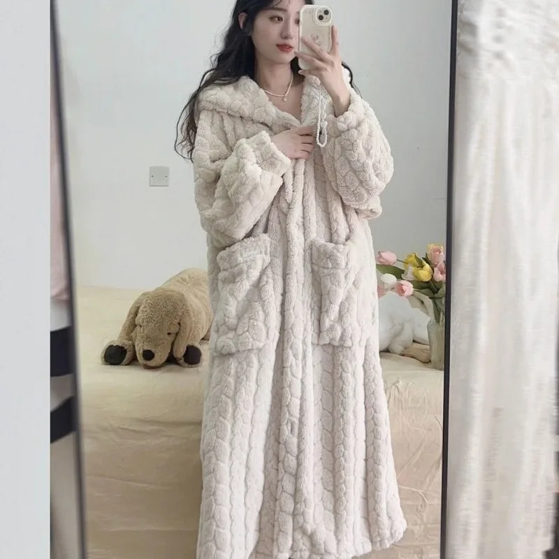 Pocket Robe for Women Sleepwear Winter Nightdress Night Wears Warm Fleece Pajama One Piece Nightgown Hooded Sleeping Homewear women sleepwear,sleepwear pajamas