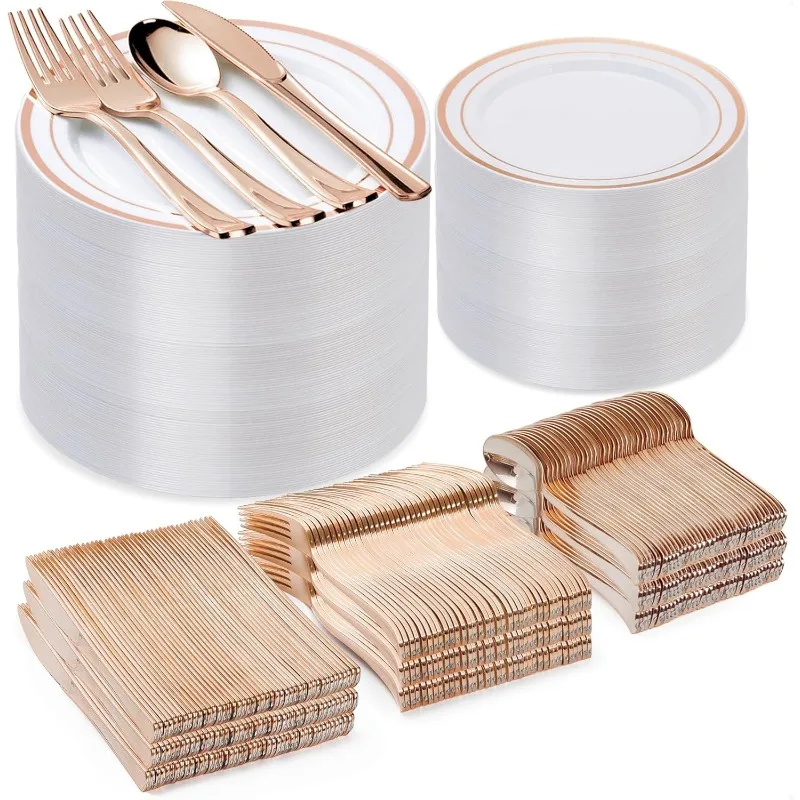 600PCS Plastic Plate Set (100 Guests ) Disposable Dinnerware Set of 200 Plastic Plates, 200 Forks, 100 Spoons, 100 Knives