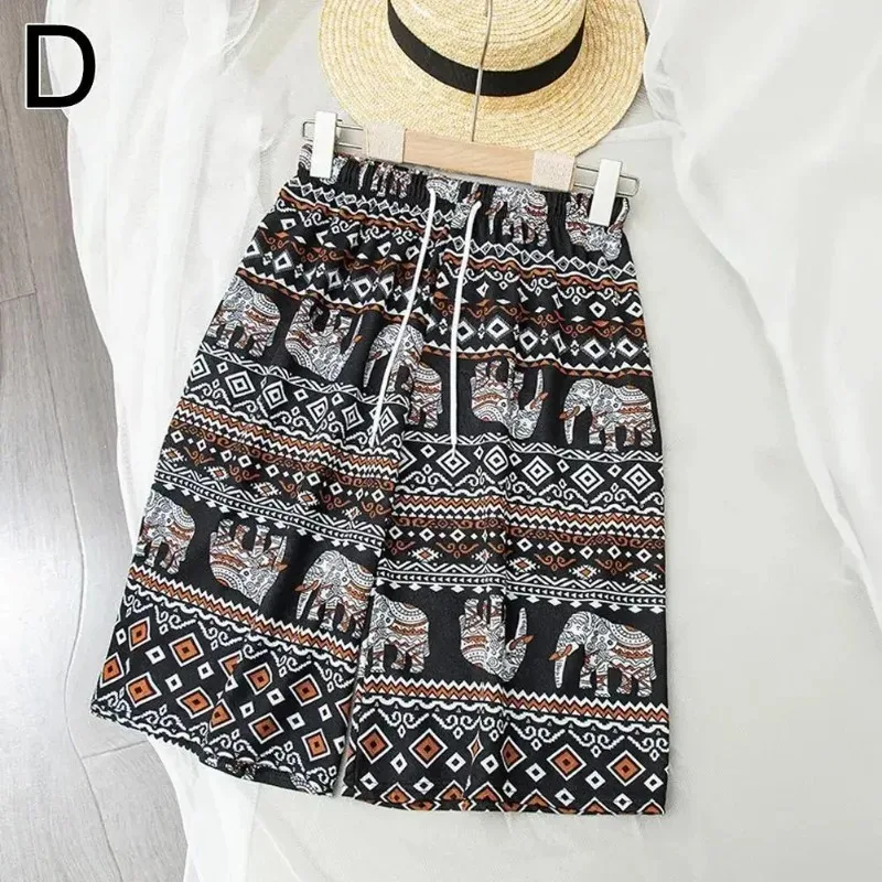 Boho Women Wide Leg Shorts High Waist Elephant Print Pant Thin Straight Trousers Casual Bottoms Female Clothing