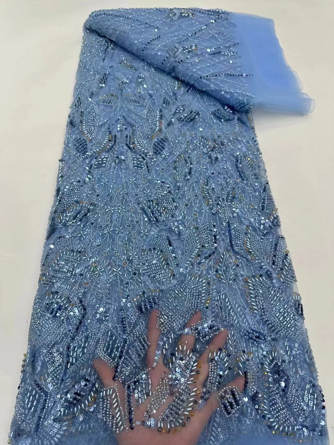 

Sequined Lace Fabric for Wedding Dress, Luxurious African Groom, SKY BLUE Beads Embroidery, French Tulle, High Quality, 2024