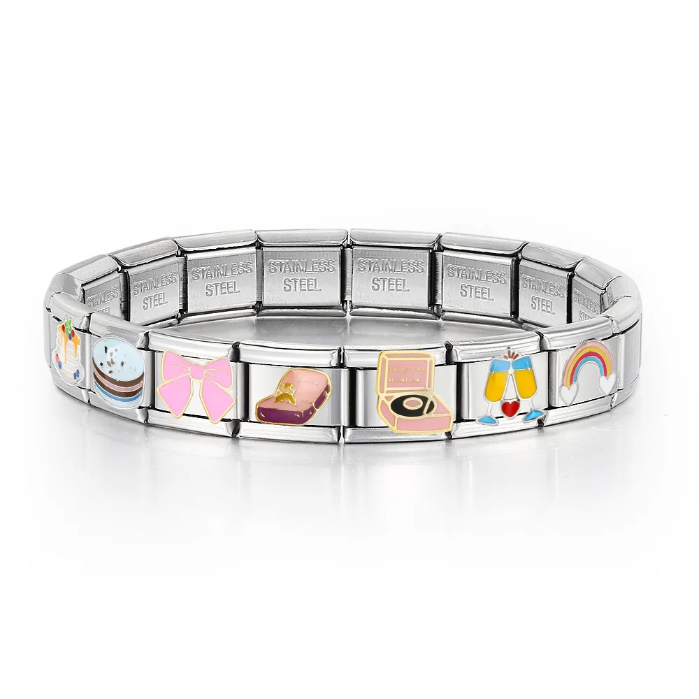 � 1 Stück italienische Charm-Links passen 9 mm elastisches Edelstahl-Armband, romantische Schleife, High Heels, Kuchen, Herz, Schmuck, DIY-Herstellung – Detail 1