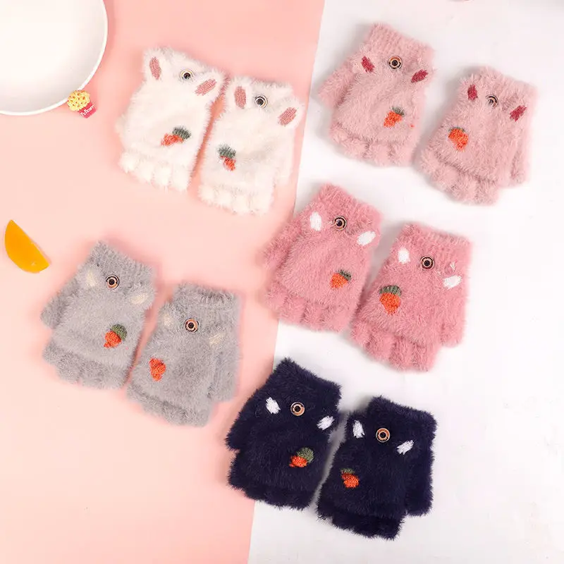 Winter Baby Plush Gloves Cute Cartoon Warm Toddler Half Finger Gloves Outdoor Thicken Kids Girls Boys Mittens
