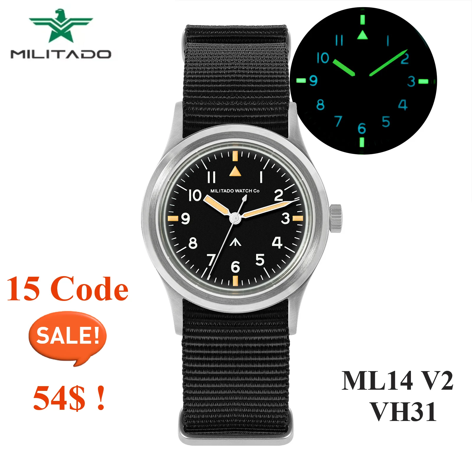 Militado ML14 パイロットウォッチ スイープクォーツ　未使用品 Militado ML14 パイロットウォッチ スイープクォーツ 未使用品
