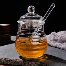 Recipiente pequeno do servidor do mel do frasco da garrafa de armazenamento da cozinha para o xarope pote de mel de vidro claro do frasco de mel 250ml com colher do dipper